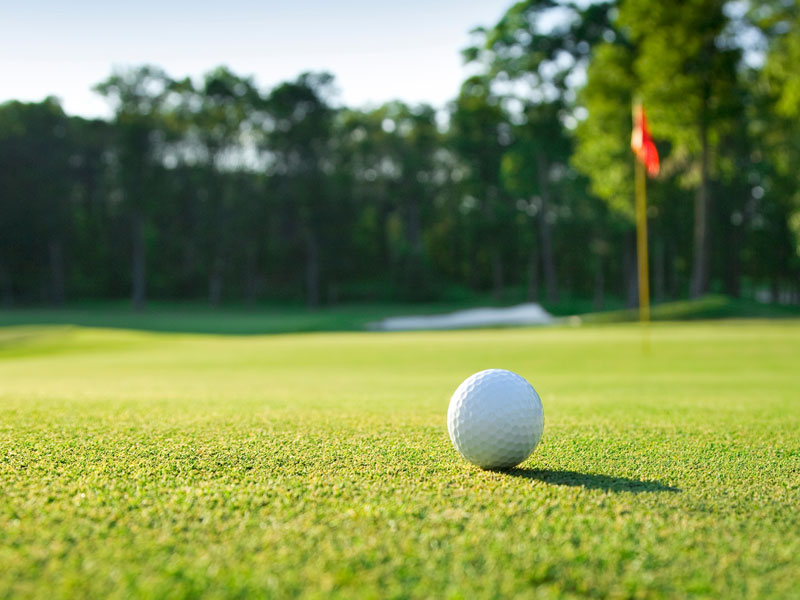 Golf ball on putting green near flag