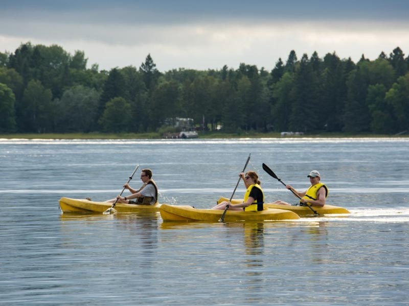 Three people kayaking on calm forest lake